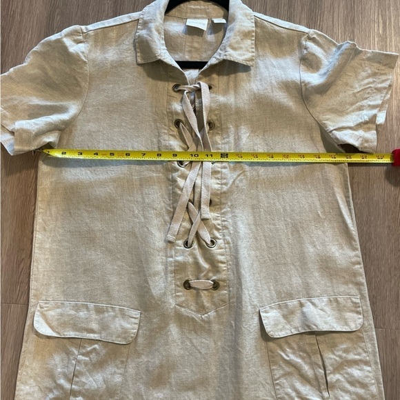 Chico's Women’s Shift Mini Dress Medium Tan Foiled 100% Linen Contemporary - Picture 13 of 17